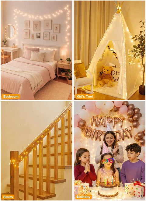 Battery Operated Fairy Lights 10Ft 120 LED Firecracker String Lights With 6 Hour Timer in Bedroom, Tent, Stairs, Birthday Decor
