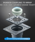 Exploded view of 12 Inch Shower Drain With Removable Strainers In Brushed Nickel Finish showing components and sealing features.