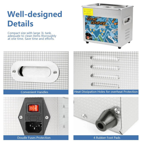 Heavy Duty Ultrasonic Cleaner With Smart Heating And Digital Timer Settings Boasts A Roomy Three Liter Stainless Steel Tank with handles and protection features.