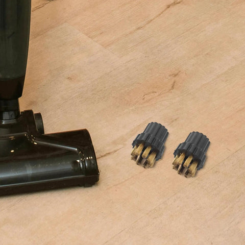 Slick Hardworking 6 Pack Steam Cleaner Brush Head Replacements featuring durable plastic and copper build on a wooden floor.