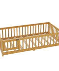 Twin Montessori Floor Bed Frame In Natural Pine With Attached Safety Fence Gate low profile design, showing wooden frame with safety rails.