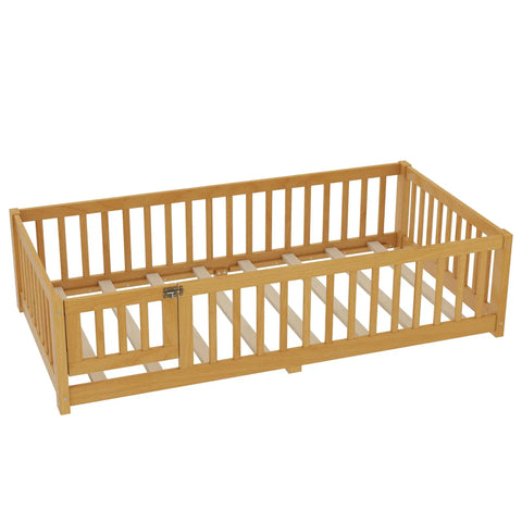 Twin Montessori Floor Bed Frame In Natural Pine With Attached Safety Fence Gate low profile design, showing wooden frame with safety rails.