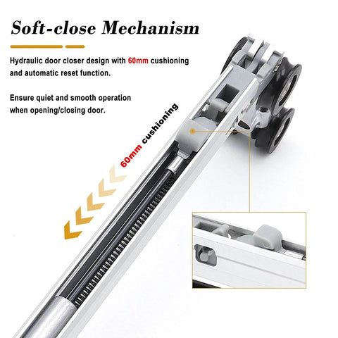 Close-up of soft-close mechanism in Sliding Door Track Kit With Soft Close Pocket Door Hardware Heavy Duty Smooth Quiet Black Barn Door System For Pantry And Closet 18.7 Feet Aluminum Single Track Includes Rollers Floor Guide And Hanger Plate.