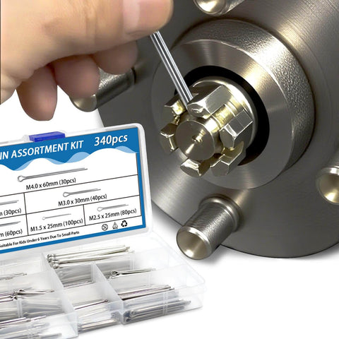 Close-up of 340 Piece Cotter Pin Set in Six Sizes 304 Stainless Steel split pins installed in automotive hardware application.