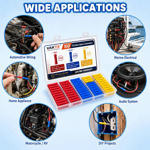 Get This Awesome 100pcs Butt Splice Connector Kit For Your Car Or Home With Durable Red Blue Yellow Wire Connectors That Rock Secure Contacts And Perfectly Fit 22 To 10 AWG Wires Without Any Mess Or Hassle For Quick Crimping Jobs. 100-pack insulated butt splices for automotive, marine and home wiring