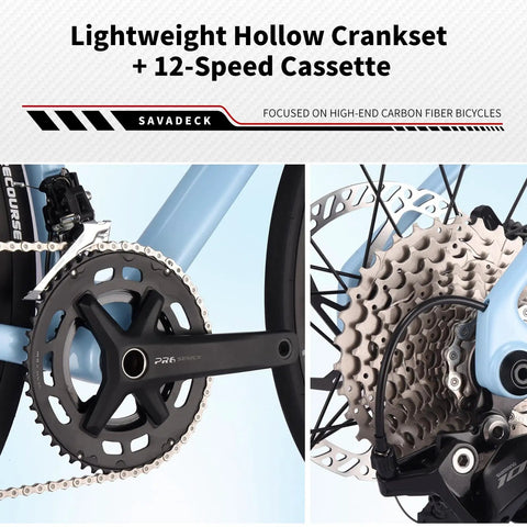 Ultra Lightweight Carbon Fiber Road Bike With Full Carbon Frame Fork Handlebar And Seatpost Hydraulic Disc Brakes Shimano 105 R7100 24 Speed Drivetrain Adult Racing Bicycle For Street Rides White 56cm, showing lightweight crankset and 12-speed cassette close-up.