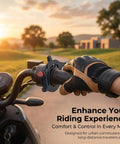 Heavy Duty Motorcycle Cruise Control Throttle Lock With Serrated Heart Push Button Nonslip Handlebar Mount in use on a scooter.