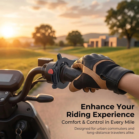 Heavy Duty Motorcycle Cruise Control Throttle Lock With Serrated Heart Push Button Nonslip Handlebar Mount in use on a scooter.