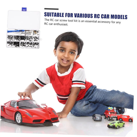 Child playing with RC cars next to RC Car Screw Kit With Replacement Hardware Fasteners Set 1216-17 1218 1219 Comes With Wrench And Nuts