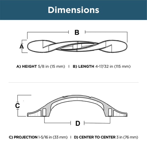 Diagram showing dimensions of 10 Pack Satin Nickel Cabinet Handles 3 Inch Hole Center Classic Pulls For Kitchen Cabinets Drawers And Dressers Durable Metal Hardware With Fade And Scratch Resistant Finish For Easy Room Refresh.