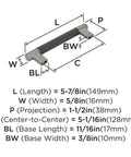 Diagram of Esquire Satin Nickel And Oil Rubbed Bronze Cabinet Pull 128 mm Center To Center dimensions with size details.