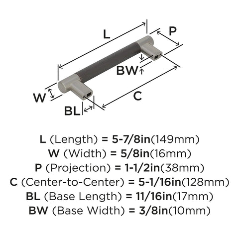 Diagram of Esquire Satin Nickel And Oil Rubbed Bronze Cabinet Pull 128 mm Center To Center dimensions with size details.