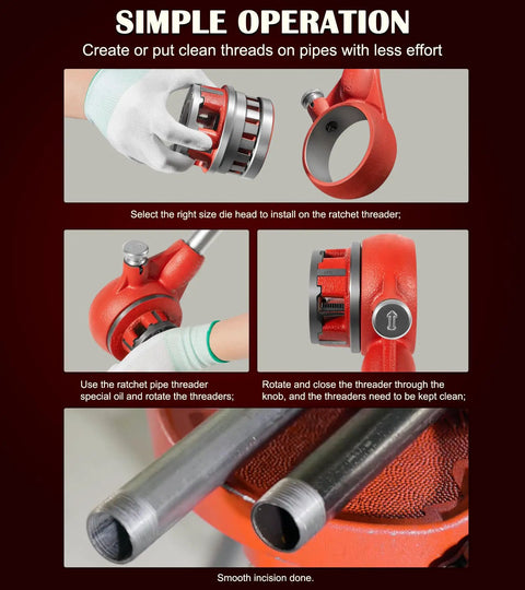 Steps showing use of 12R Manual Exposed Ratchet Pipe Threader Set With 6 NPT Die Heads From Half Inch To Two Inch Pipe Portable Tool Kit