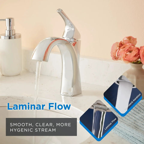 Vaughn Single Handle Lavatory Faucet Chrome Finish With All Metal Body Water Saving 1.2 GPM Flow in bathroom setting