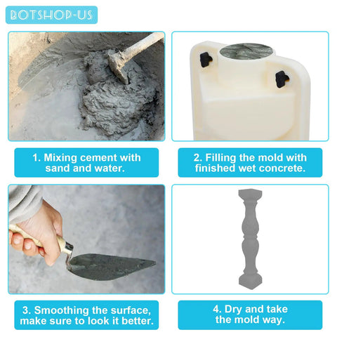 Two Part 26 Inch Concrete Roman Molds For DIY Balustrades And Garden Decor Easy To Use European Roman Casting Mold For Cement Plaster And Concrete Front And Back Pieces For A Sturdy Fence Or Balcony Rail Molding in use with cement pouring and smoothing steps.