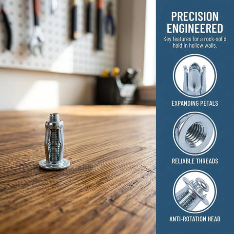 35 Piece Expansion Screw And Petal Nut Kit M4 M5 M6 For Hollow Walls Plasterboard Iron Skin Metal Fasteners Heavy Duty Nut Anchors For DIY Furniture Assembly And Home Repairs, silver anchor close-up
