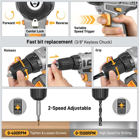 20V Cordless Power Drill Kit With Dual Speed Motor And Two Rechargeable Batteries Featuring Hella Tough Electric Screwdriver LED light, showing variable speed trigger and keyless chuck.