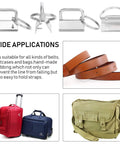 40 Piece 1 Inch Key Fob Hardware Set With Pliers For Wristlets Lanyards And Key Chains Making Supplies In Four Colors displayed with belts and bags