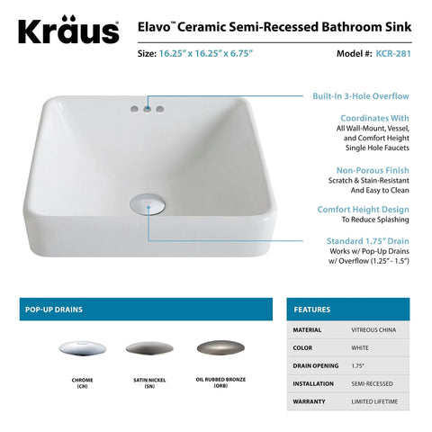 Elavo Ceramic Square Semi-Recessed Bathroom Sink With Overflow And Pop Up Drain In Chrome White, durable non-porous finish
