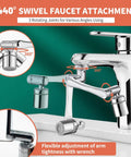 1440° swivel faucet with 3 rotating joints for various angles, highlights flexible adjustment for universal robotic arm tap extension