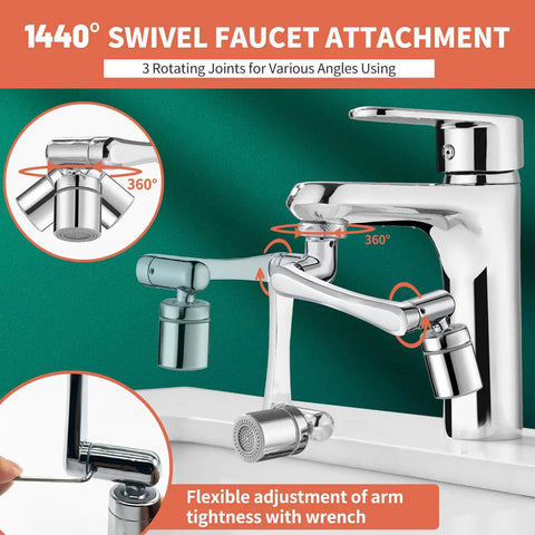 1440° swivel faucet with 3 rotating joints for various angles, highlights flexible adjustment for universal robotic arm tap extension
