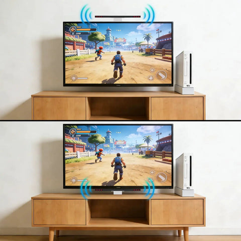 Wired Infrared Sensor Bar for Nintendo Wii and Wii U Consoles Replacement on TV with Stand and Adhesive Mount, in use for gaming.