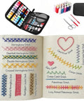 Upgraded 2026 Embroidery Stitch Book Kit With 86 Piece Starter Set showcasing stitched patterns, tools, and storage bag.