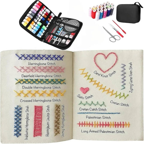 Upgraded 2026 Embroidery Stitch Book Kit With 86 Piece Starter Set showcasing stitched patterns, tools, and storage bag.