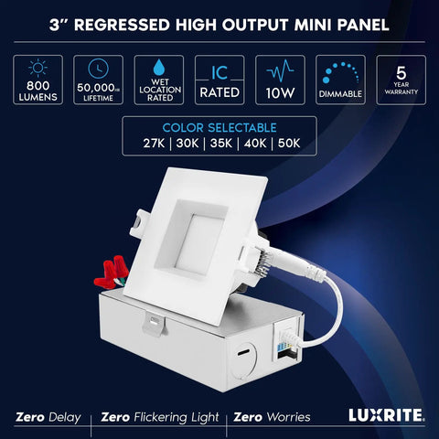 3 Inch Square LED Recessed Ceiling Light with Junction Box, 5 CCT Adjustable 2700K to 5000K, 800 Lumens, Dimmable, Canless, Wet Rated ETL