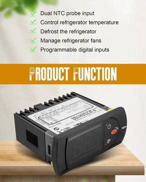 PJEZS0H100 Digital Refrigerator Temperature Controller With Sensor Probe 115V Thermostat That Fits Carel And All Fridges Precise Temp Regulation Easy Mounting Hardware And Setup Instructions on black display unit