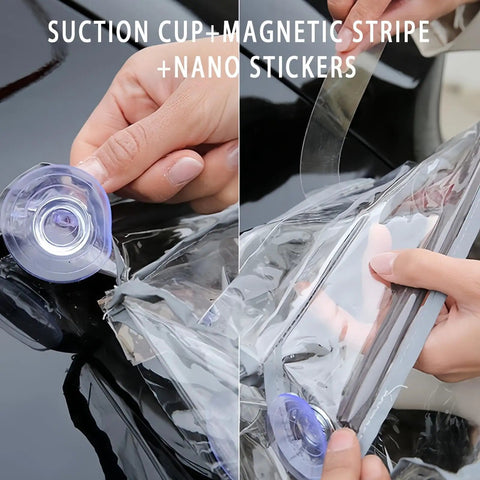 Hella Rugged Outdoor Ev Charger Cover For Electric Vehicles Offering Secure Magnetic And Suction Mount Zero Leakage Weather Armor Against Snow Rain Scorching Sun And Street Dust, showing suction cup and magnetic stripe installation.