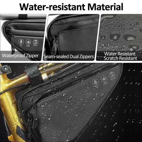 Water Resistant Bike Frame Bag And Under Seat Triangle Pouch For Mountain And Road Bikes, reflective, sealed zippers, close-up