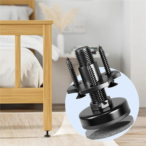 Eight Pack Adjustable Furniture Feet With Three Eighths Inch Sixteen Thread T Nut Kit Levelers For Tables Cabinets And Benches Rock Solid Heavy Duty Leg Levelers To Stop Wobble And Keep Surfaces Flat, shown installed on a wooden bed leg.