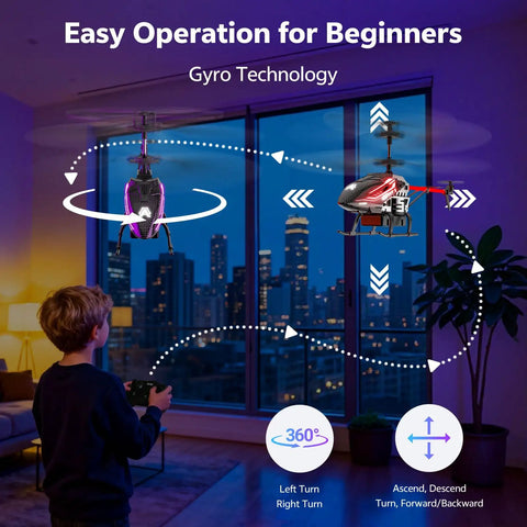 Child flying Kids RC Helicopter With Altitude Hold And One Button Takeoff Landing indoors, evening cityscape background