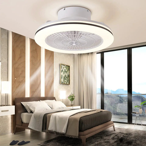 Remote Control Bladeless Ceiling Fan With Lights, 18.5 Inch Low Profile installed in a bedroom with modern decor.