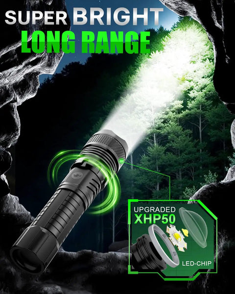 Ultra Bright LED Flashlight That Lights Up The Night With A Rechargeable Battery And Zoomable Beam 5 Modes Waterproof Tactical Light shining in forest