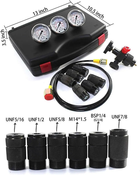 Hydraulic Nitrogen Pressure Test Set And Accumulator Charging Kit With 3 Gauges 1500 PSI 3600 PSI 6000 PSI 7 Couplings And 1 Gas Hose