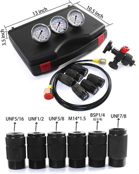 All In One Pro Grade Hydraulic Nitrogen Accumulator Charge Kit With Gas Pressure Test Gauges 7 Couplings Hose Assembly And Gas Hose For 1500 PSI 4000 PSI And 6000 PSI Hydraulic Systems