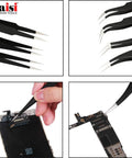Close-up of 14 Piece Precision Tweezers Set Pro Grade Anti Static Stainless Steel for Craft, Jewelry, Electronics, and Lab Work in use.