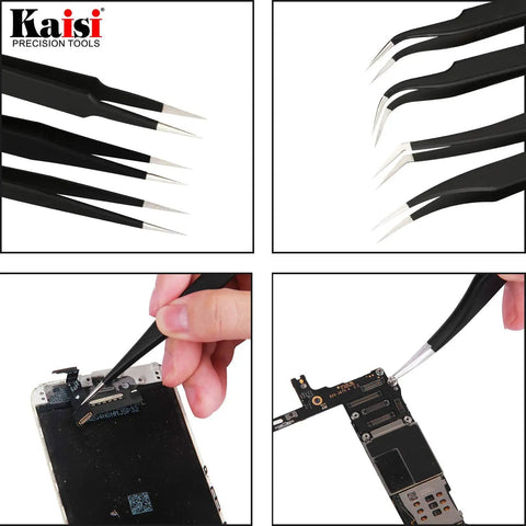 Close-up of 14 Piece Precision Tweezers Set Pro Grade Anti Static Stainless Steel for Craft, Jewelry, Electronics, and Lab Work in use.