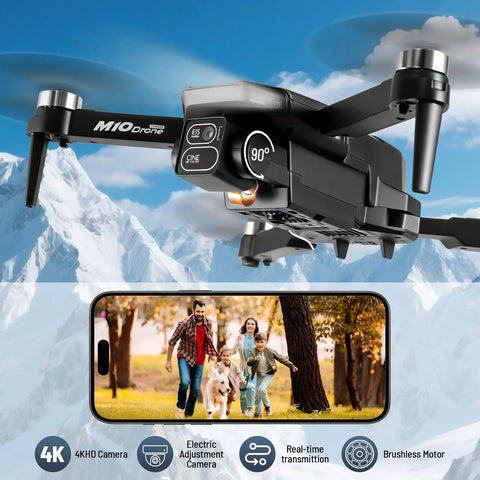 4K HD FPV Mini Drone With Camera For Beginners flying in snowy mountains, showing FPV live feed on smartphone, emphasizing brushless motors.