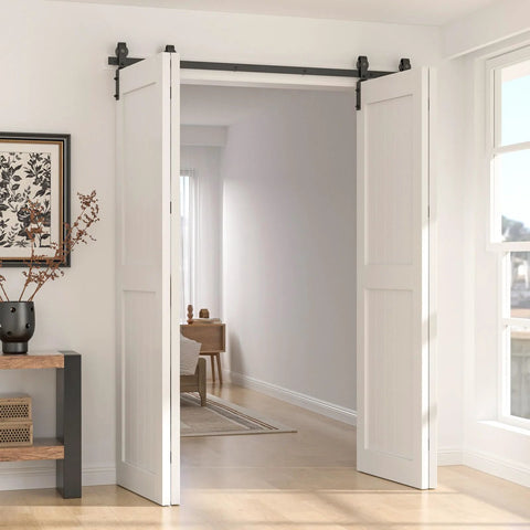 White double doors with Bi Folding Barn Door Hardware Kit 5ft 60 Inch Sliding Track For Four Doors Heavy Duty Carbon Steel Frosted Black Finish.