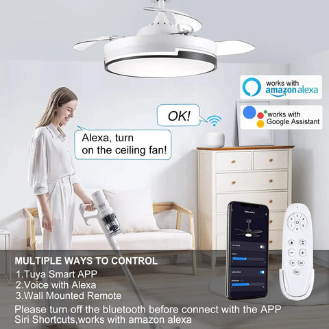 Woman using voice control for Retractable 42 Inch Smart Ceiling Fan With Light, Remote, App And Alexa Control, in modern bedroom