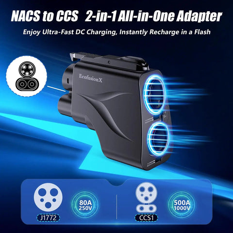 Heavy Duty 2 In 1 NACS To CCS1 And J1772 Charging Adapter Plug N Play For Non Tesla EVs visible with blue highlights.