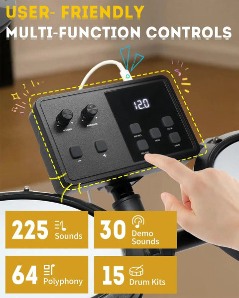 Control panel of Electronic Drum Set With USB MIDI, Type-C Charging, Built-In Metronome, showcasing sounds and kits.