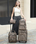 Model with Expandable Softside 4-Piece Luggage Set With 20 Inch Carry-On, 16 Inch Underseat Bag, Spinner Wheels, TSA Lock, Leopard Print.