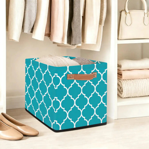 Moroccan Tile Foldable Storage Cube With Slick Reinforced Handles For Clothes And Linens Heavy Duty Waterproof Closet Organizer 13 Inch Shelf Bin For A Total Clean Sweep in closet with sweaters.