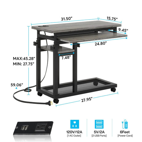 Small Portable Desk With Built In Outlet And USB Ports For Couch Or Bedside Use Height Adjustable Laptop Table On Wheels
