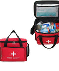 Emergency Medical Bag Organizer Large With Detachable Pouch And Pill Bottle Storage, Waterproof First Aid Kit Case shown closed and open