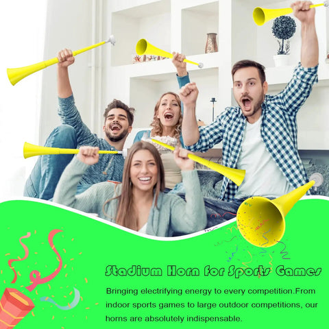Group cheering with 24 Inch Collapsible Stadium Horn for Loud Crowd Cheering, ABS Air Horn Noise Maker, bright yellow horns